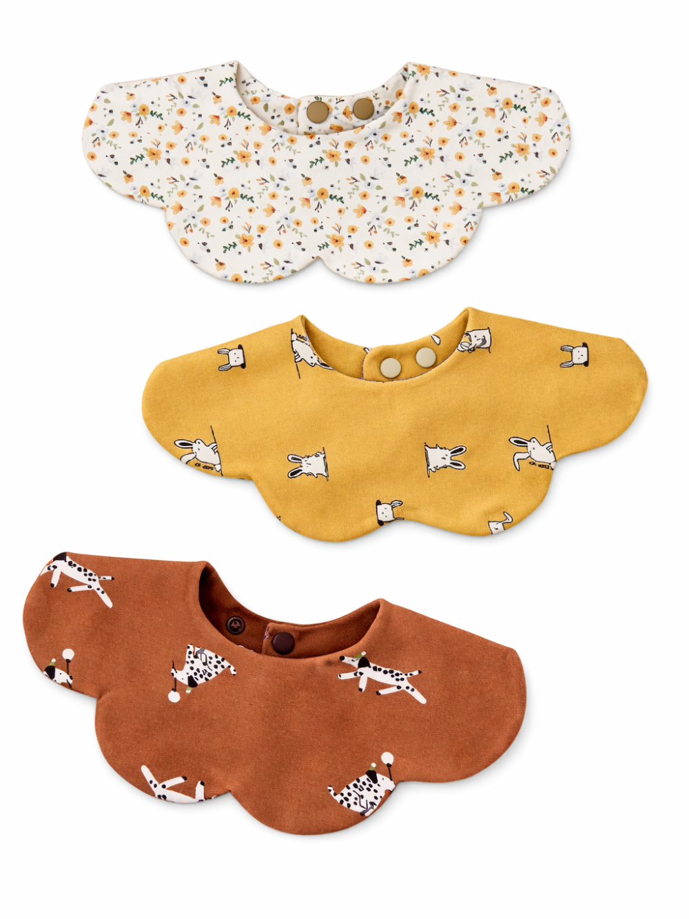 コームドコットン花びら型ベビースタイ3枚セット（よだれかけ）小花柄・うさぎ柄・動物柄デザイン
