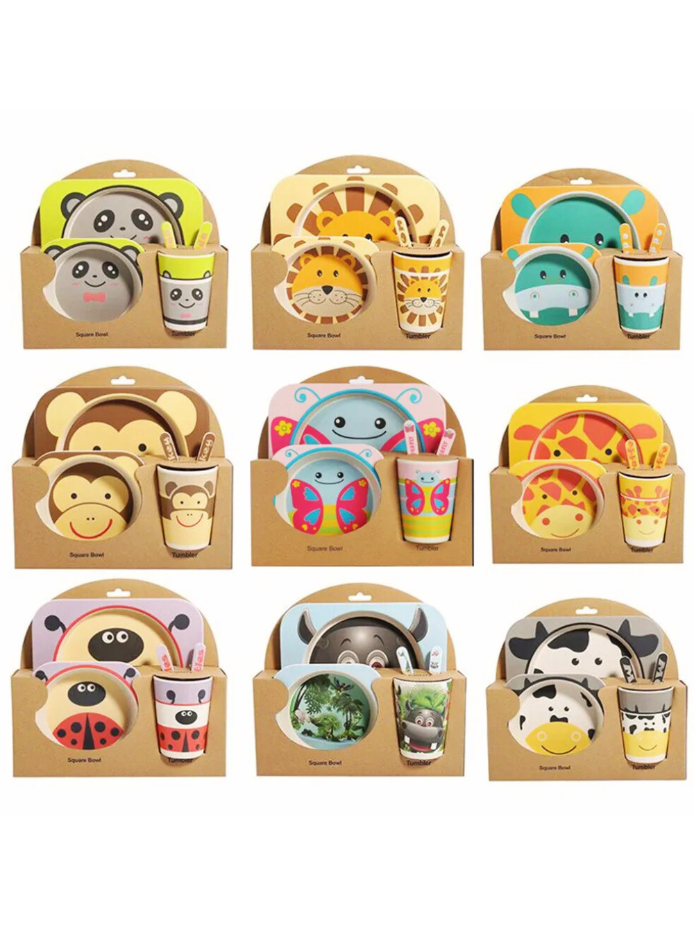 竹製ベビー食器5点セット デザインバリエーション一覧（プレート・ボウル・コップ・スプーン・フォーク）
