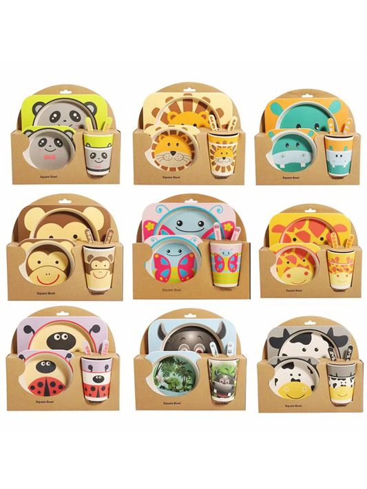 竹製ベビー食器5点セット デザインバリエーション一覧（プレート・ボウル・コップ・スプーン・フォーク）
