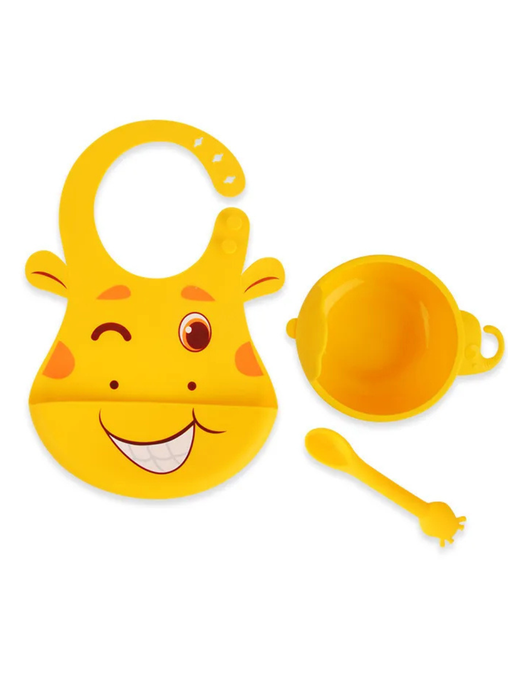 キリン柄イエローのシリコンお食事セット 吸盤ボウル・ビブ・スプーン（離乳食グッズ）
