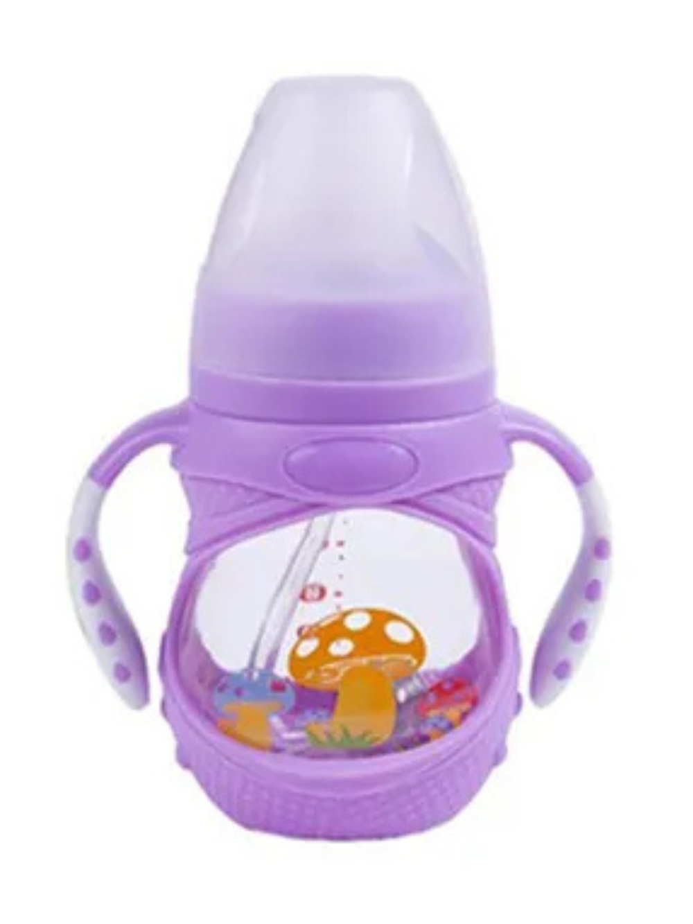 パープルのハンドル付きガラス哺乳瓶 150ml 透明ボトルで中身が見やすい（ガラス哺乳瓶・授乳グッズ）
