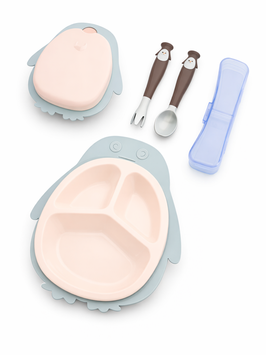 ペンギン型の仕切りプレートと小鉢、スプーン＆フォーク、収納ケースのセット（パステルカラー）
