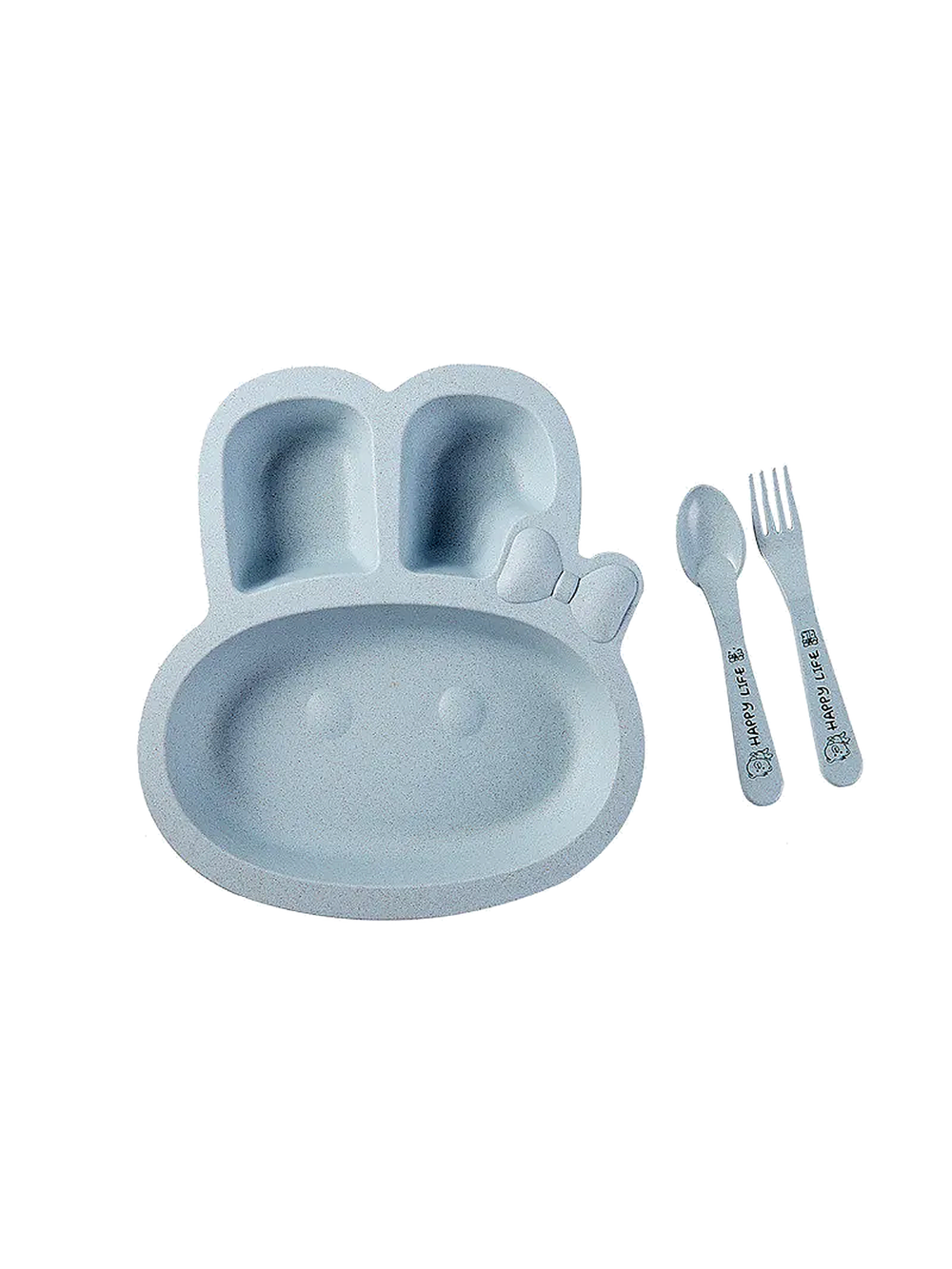 うさぎ型ベビー用プレート（ブルー）スプーン＆フォーク付き 小麦繊維ブレンド食器
