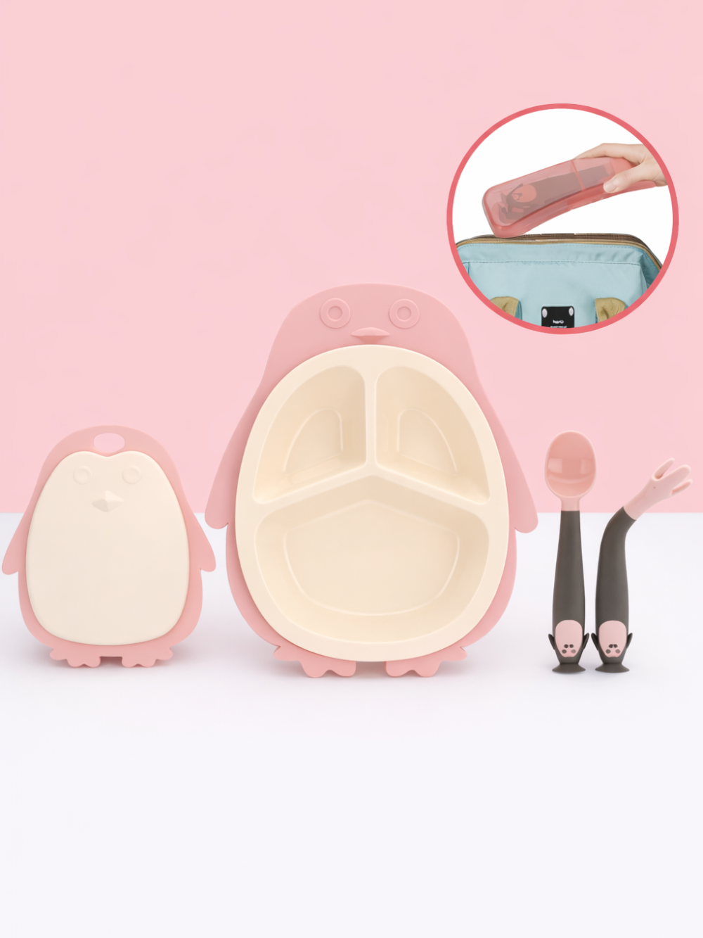 ピンクのペンギン型仕切りプレートと小鉢、スプーン＆フォークの子ども用食器セット（上部に収納ケースの持ち運びイメージ付き）
