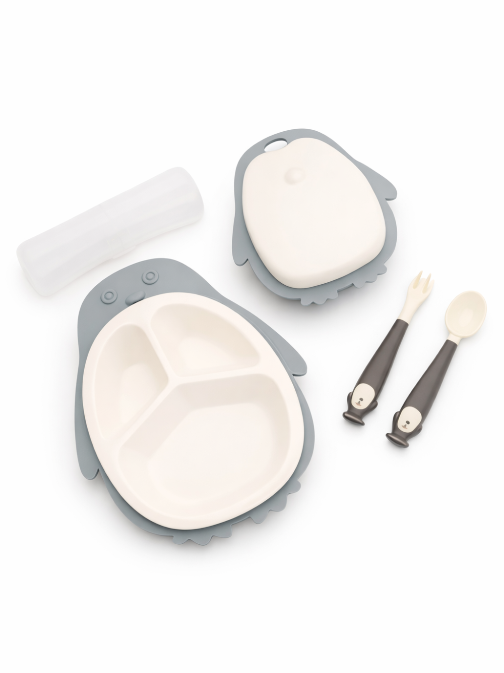 グレーのペンギン型仕切りプレートと小鉢、スプーン＆フォーク、透明収納ケースの子ども用食器セット（白背景）
