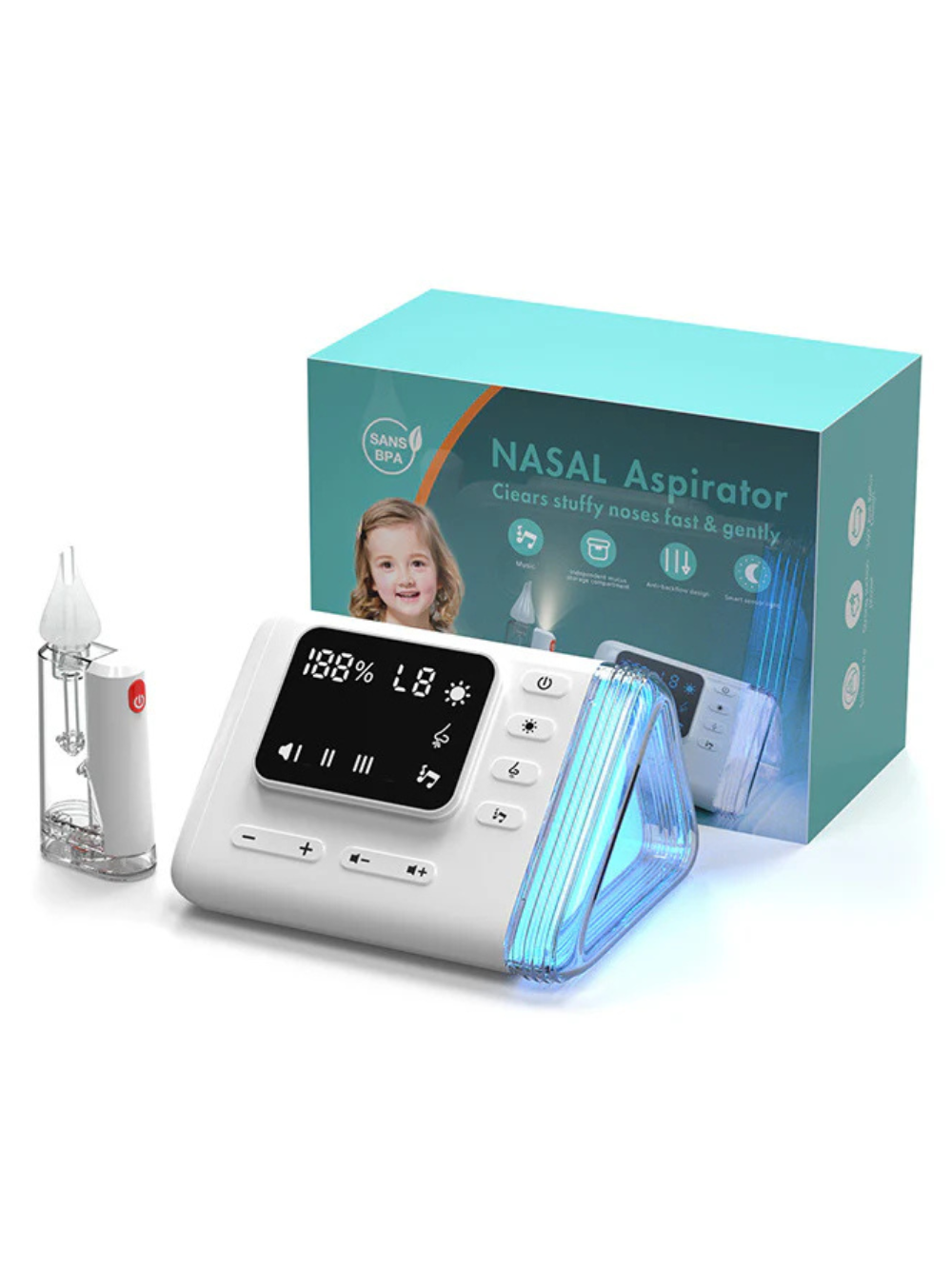 ノーズクリーナー本体と分解したタンク・ノズルが並んだ画像（お手入れしやすい鼻吸い器）
