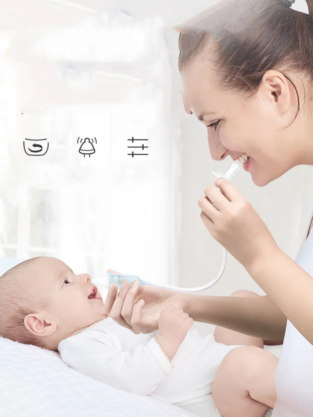 無色無臭シリコーン素材のノズルが付いたベビー鼻吸い器正面写真
