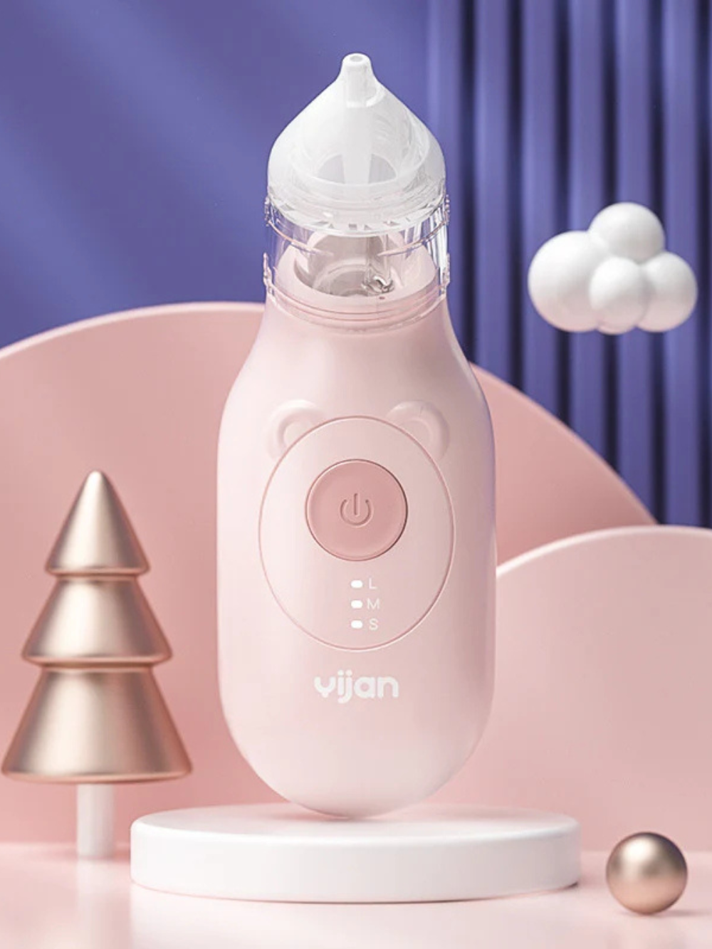 ピンク色の電動鼻吸い器がスタンド台の上に置かれている商品イメージ(電動鼻吸い器 ベビー)
