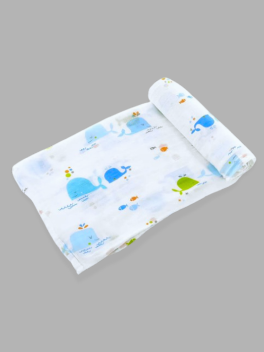 二重ガーゼ バンブーコットンおくるみ くじら柄のやさしいデザイン（ガーゼおくるみ）
