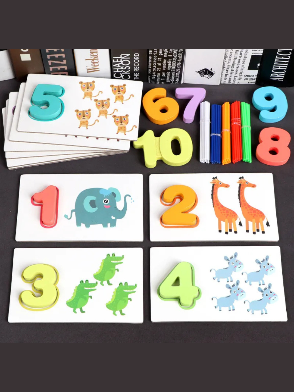 木製ナンバーピースと動物イラストの数字カード知育パズルセット
