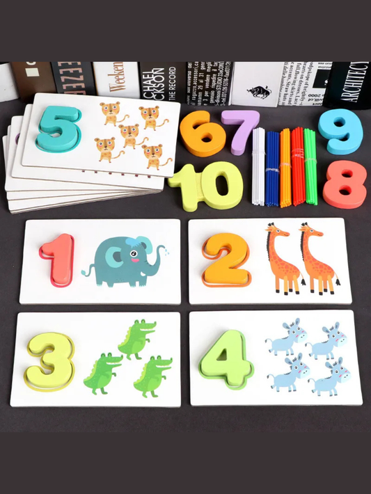 木製ナンバーピースと動物イラストの数字カード知育パズルセット
