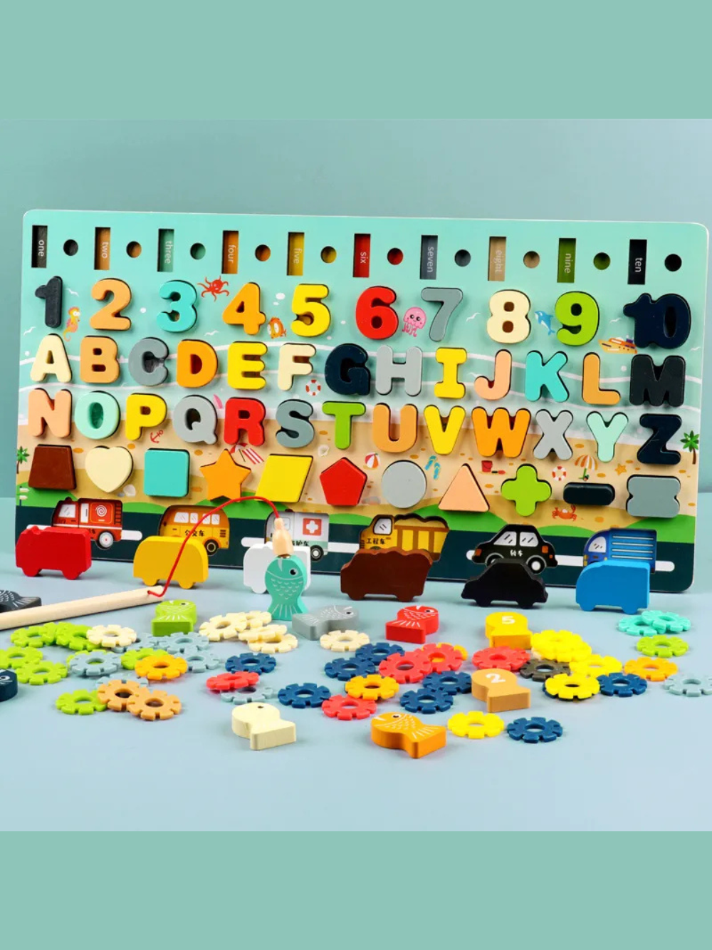 木製アルファベット数字ロジックボードの全体イメージ
