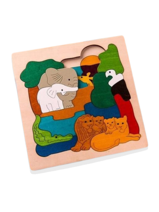 白背景の木製パネルパズル アフリカどうぶつデザイン

