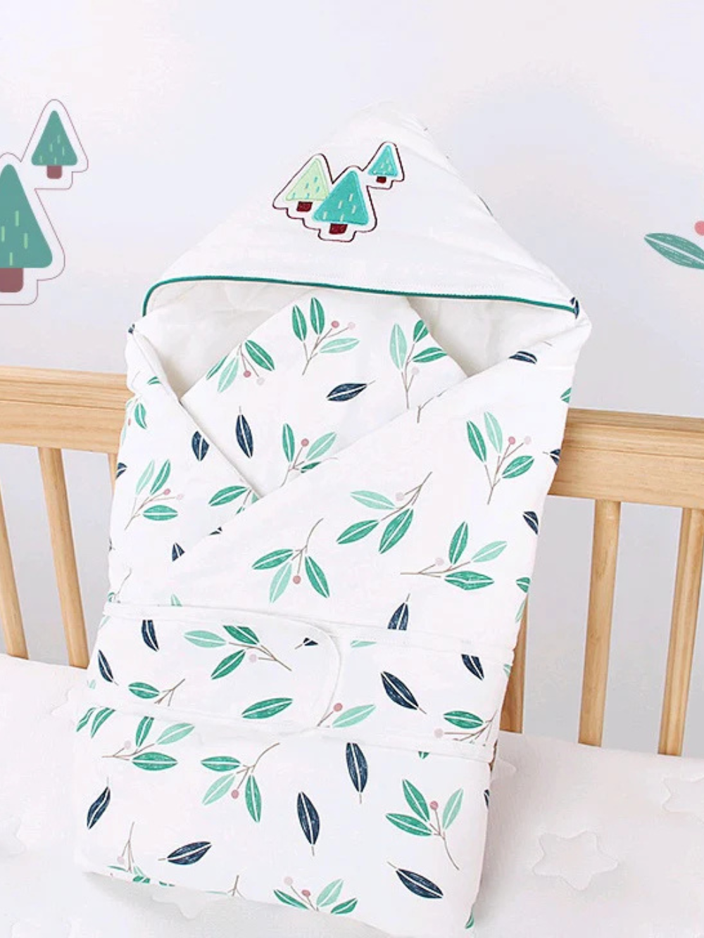 コットン厚手ベビーブランケット 85×85cm グリーンリーフフルーツ柄でナチュラル（ベビー寝具）
