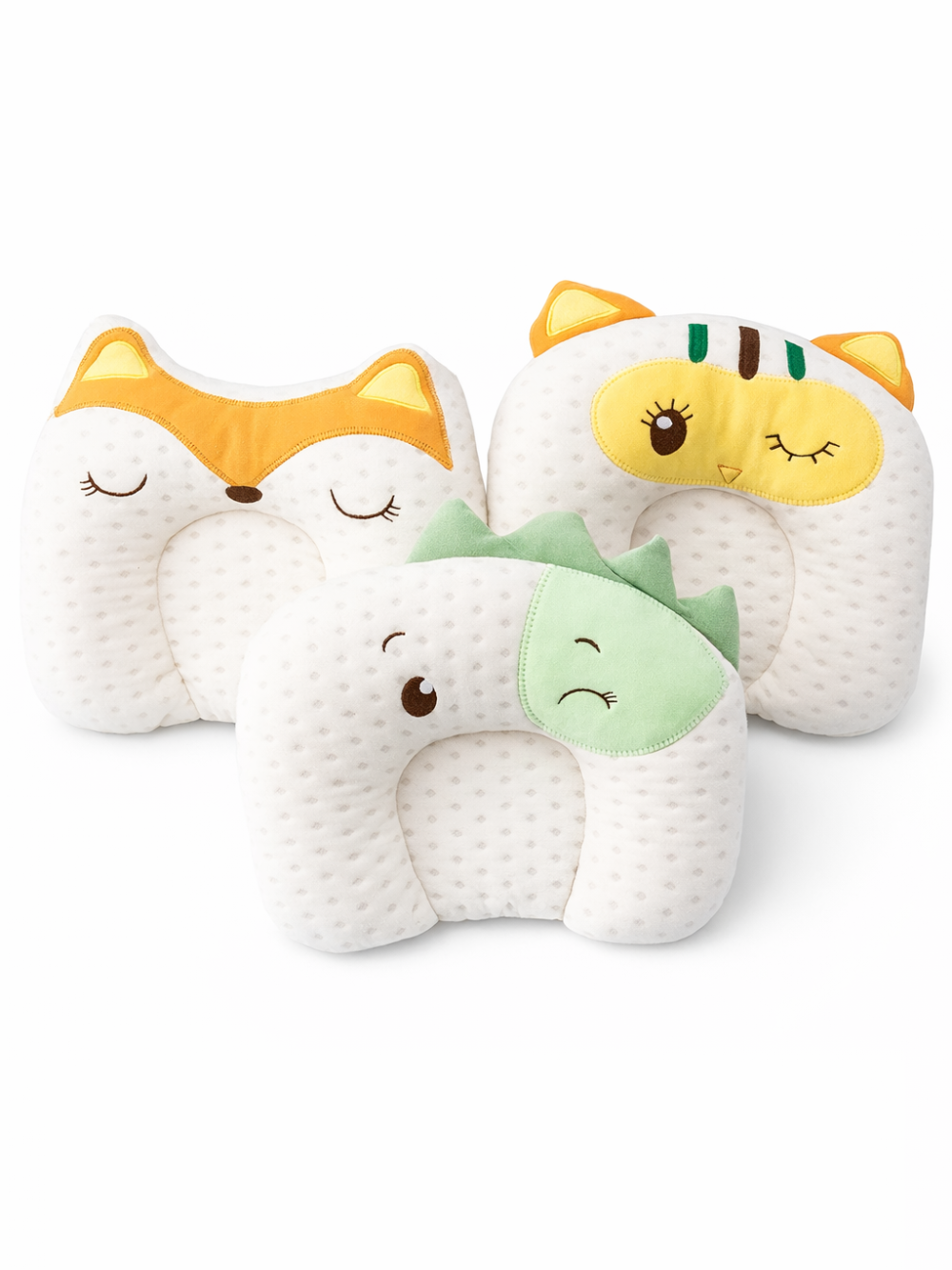 頭かたちサポートベビーピロー 3柄の集合カット（絶壁防止枕）
