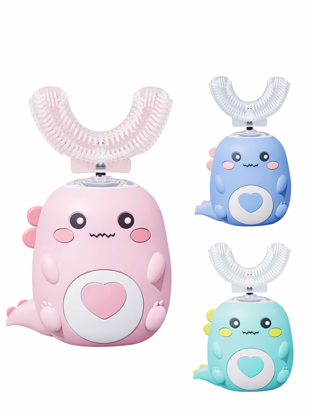 ピンクカラーのU字型ブラシヘッド付き子供用電動歯ブラシのクローズアップ 