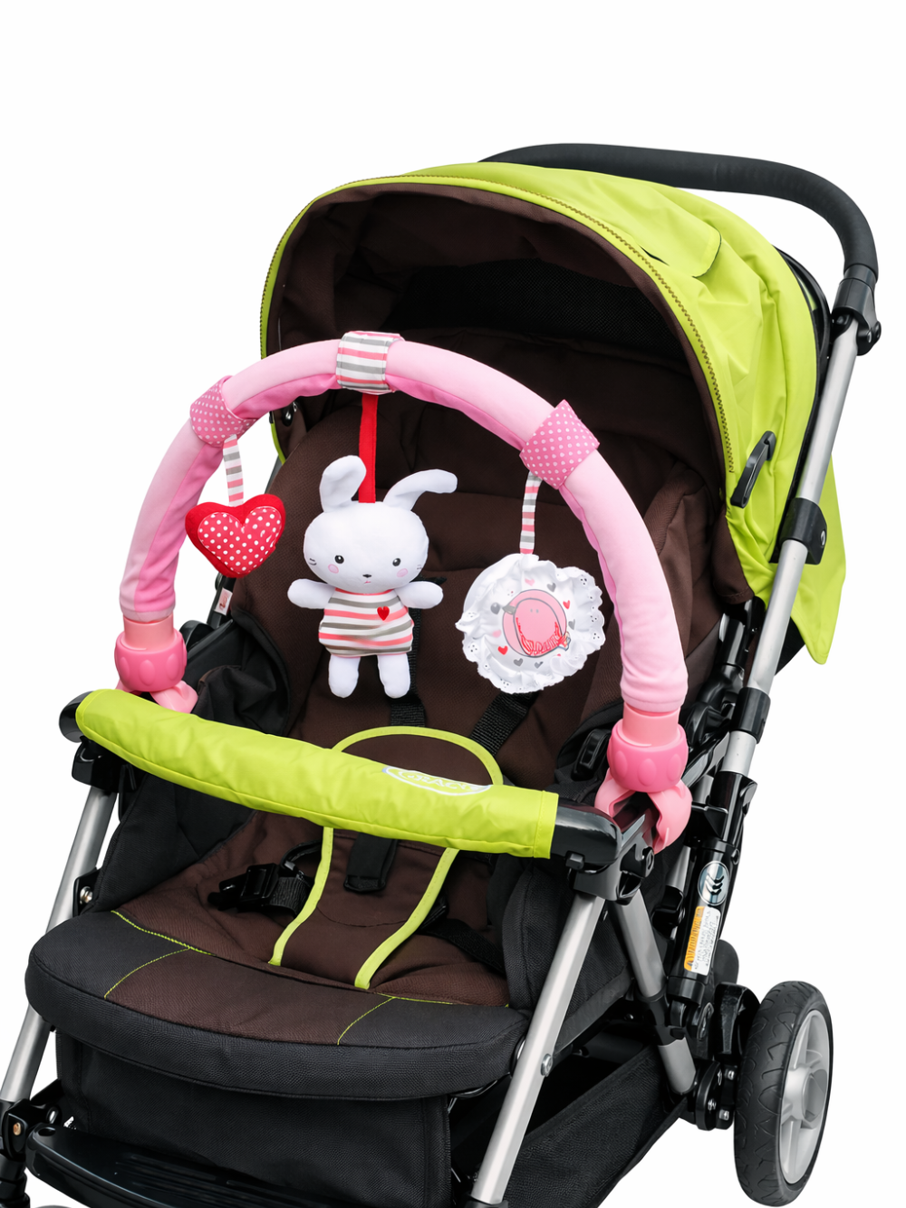ピンクのベビーカー用アーチトイ ぬいぐるみ吊り下げ（ベビーカーおもちゃ）装着イメージ
