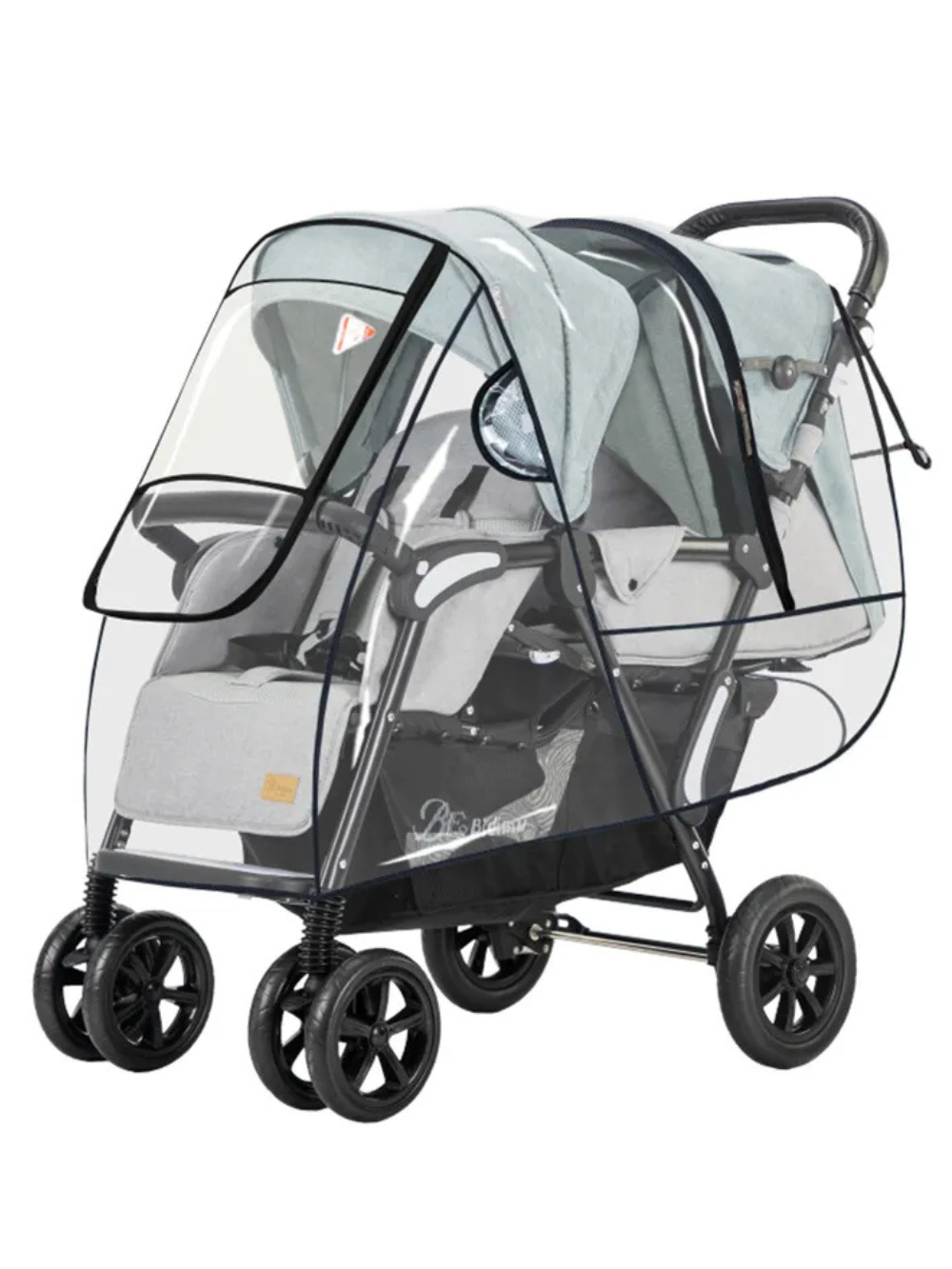 前後2人乗りベビーカーに装着した透明レインカバー全体（ベビーカー レインカバー）
