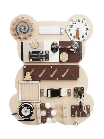 木製ベア・ビジーボード知育パネル｜指先・集中力・物理感覚を育てるモンテッソーリトイ