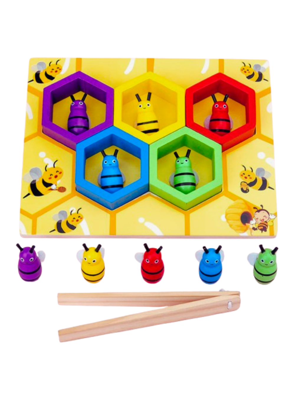 蜂の巣デザインの木製マグネット釣りおもちゃとカラフルなミツバチ駒
