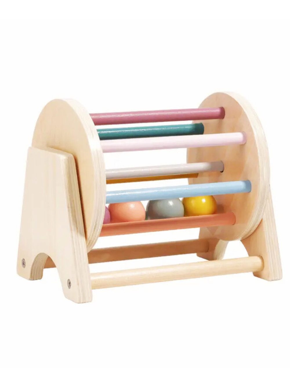 木製ローリングドラムのナチュラルフレームとパステルカラーの回転バーとボール
