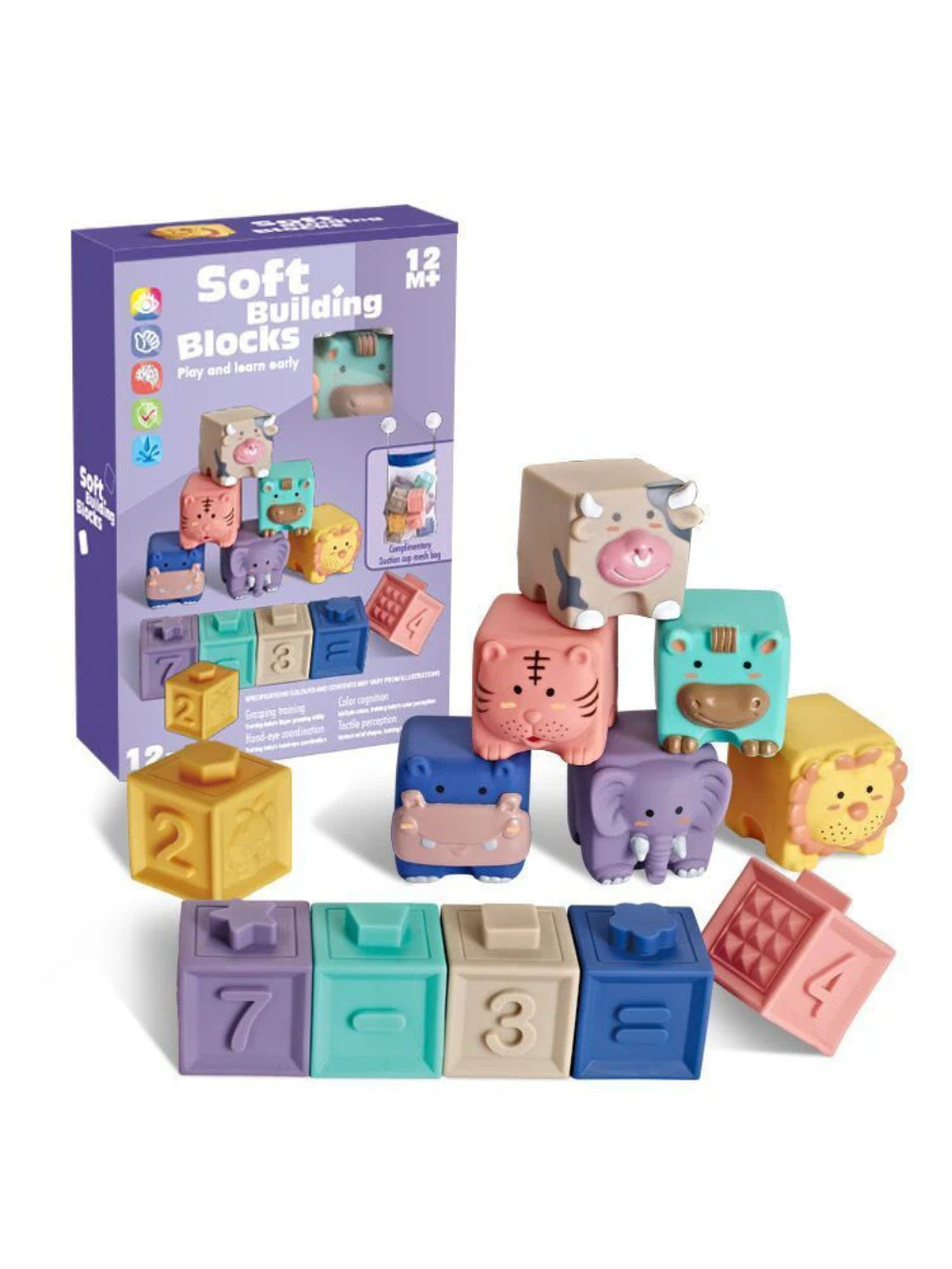 動物モチーフのソフトシリコン積み木12個セットの展示画像
