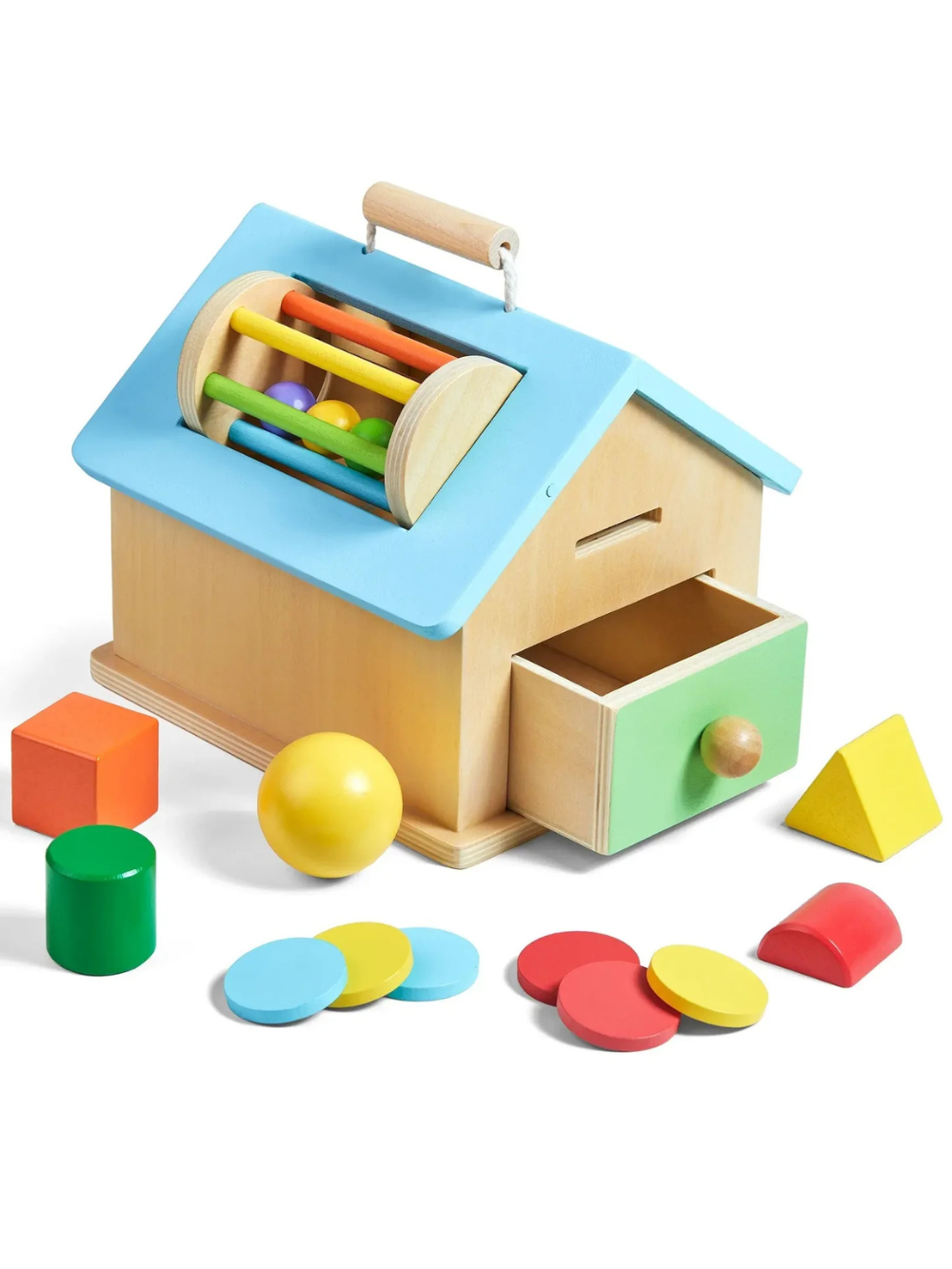 木製おうち型の型はめ知育ボックスとカラフルな形ブロックセット
