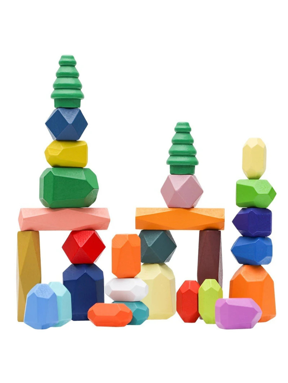 不規則な形のカラフル木製バランスストーンを積み上げたスタッキングセット
