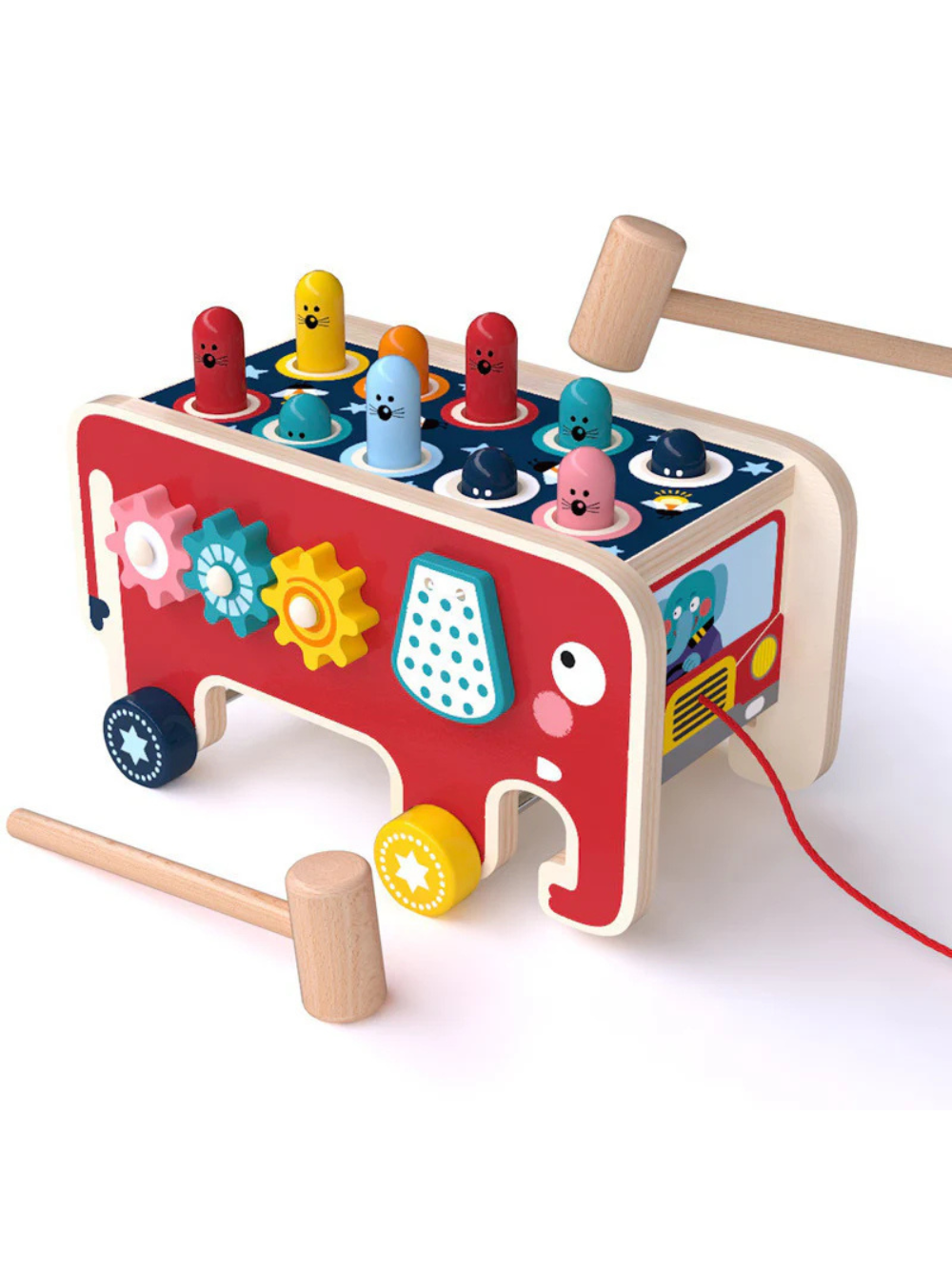 木製ハンマーで叩いて遊べるゾウ型のポップアップ知育プルトーイ
