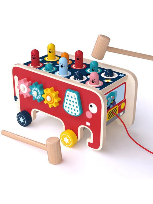 木製ハンマーで叩いて遊べるゾウ型のポップアップ知育プルトーイ
