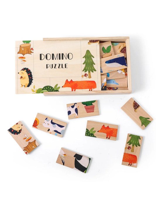 動物イラストの木製ドミノタイルを並べて遊べるアニマルドミノパズル
