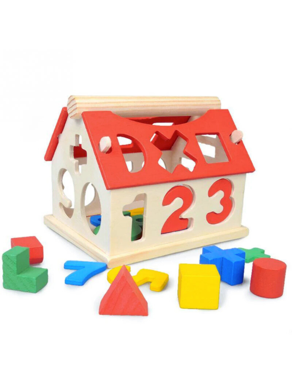 数字と図形をはめて遊べる木製おうち型の形合わせ知育ボックス
