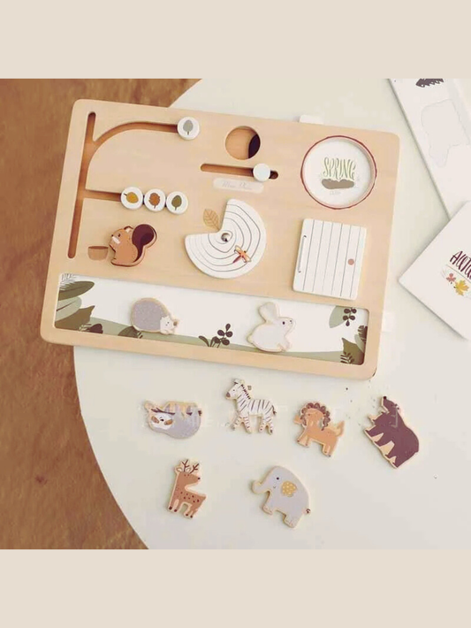 動物パーツとスライド仕掛けで遊べる木製モンテッソーリアクティビティボード
