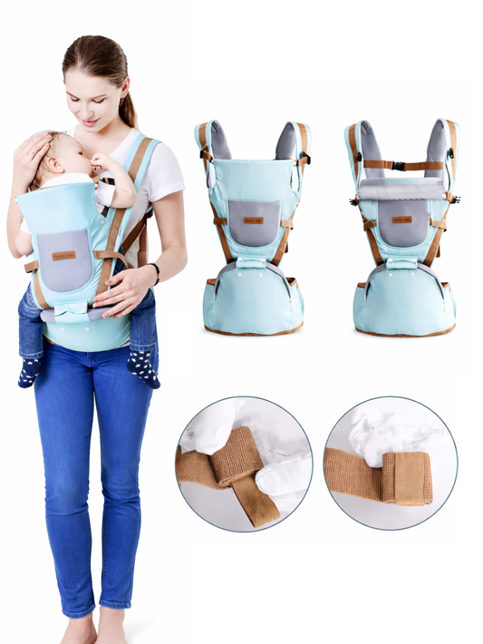ブルーのヒップシートキャリア 着用例と前後デザインとベルト部クローズアップ 白背景（抱っこひも）
