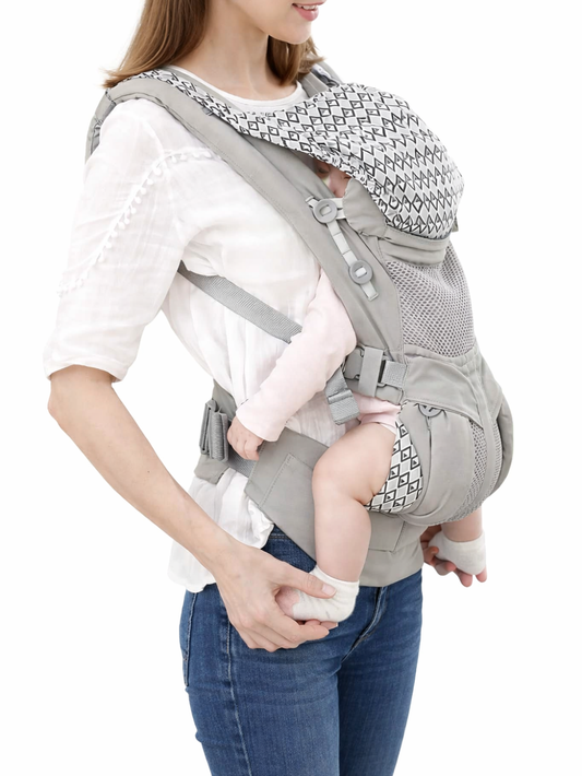 ヒップシート付き多機能ベビーキャリアを着用したママと赤ちゃんの横向き写真