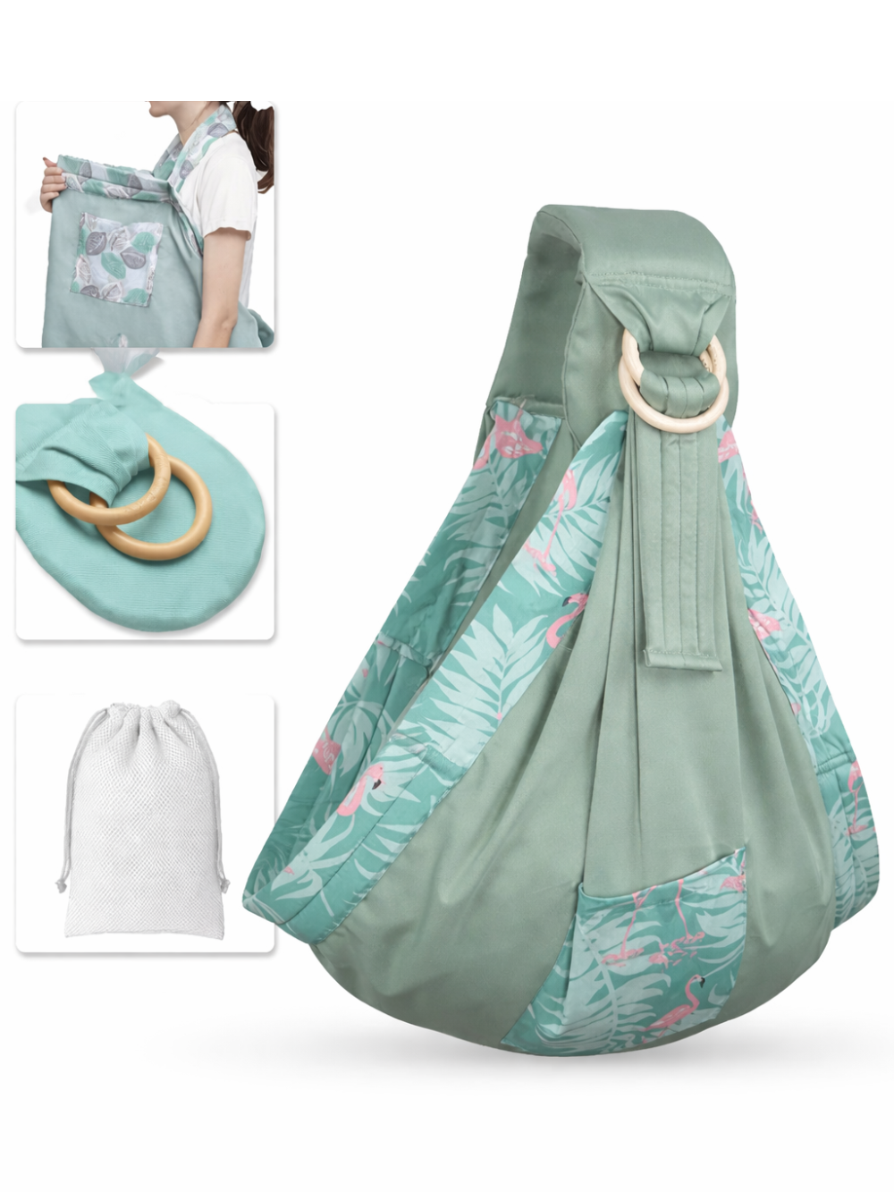 グリーンフラミンゴ柄のリングスリング 抱っこ紐 ポケット付き（授乳カバー兼用）
