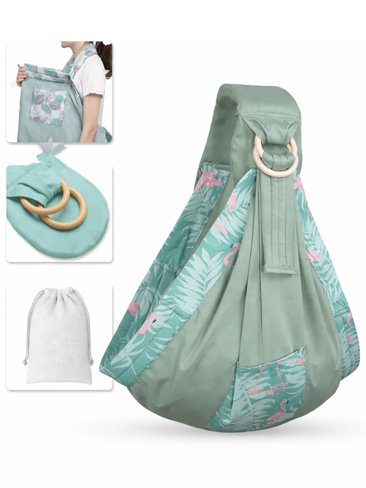 グリーンフラミンゴ柄のリングスリング 抱っこ紐 ポケット付き（授乳カバー兼用）
