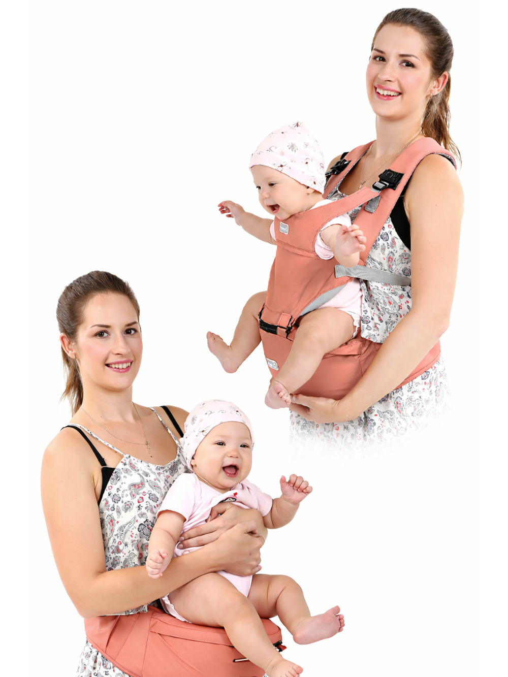 ヒップシート抱っこ紐の前抱き着用イメージ 白背景（ウエストスツール）
