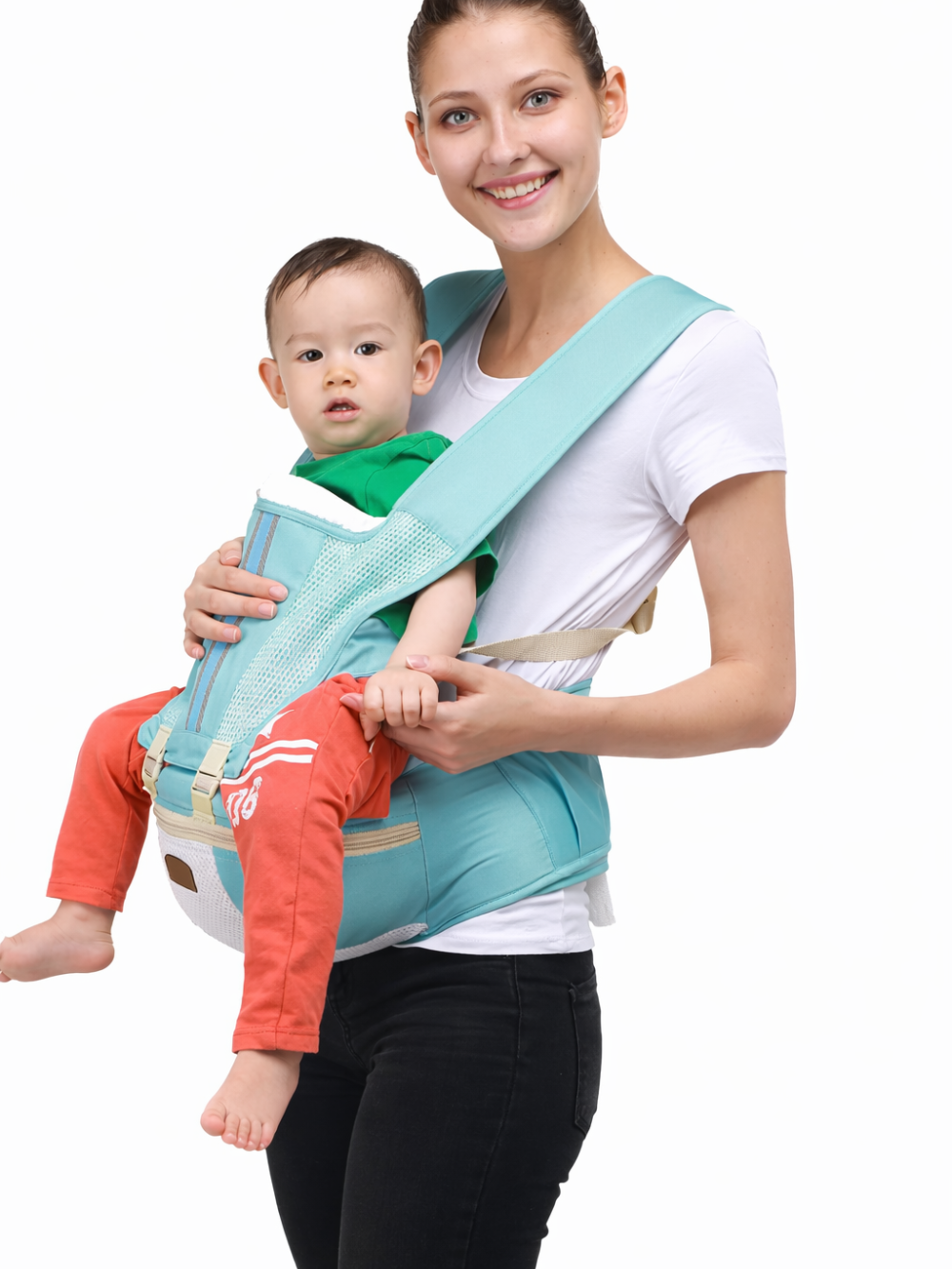 ヒップシート抱っこ紐の着用イメージ 白背景（ウエストスツールベルト）
