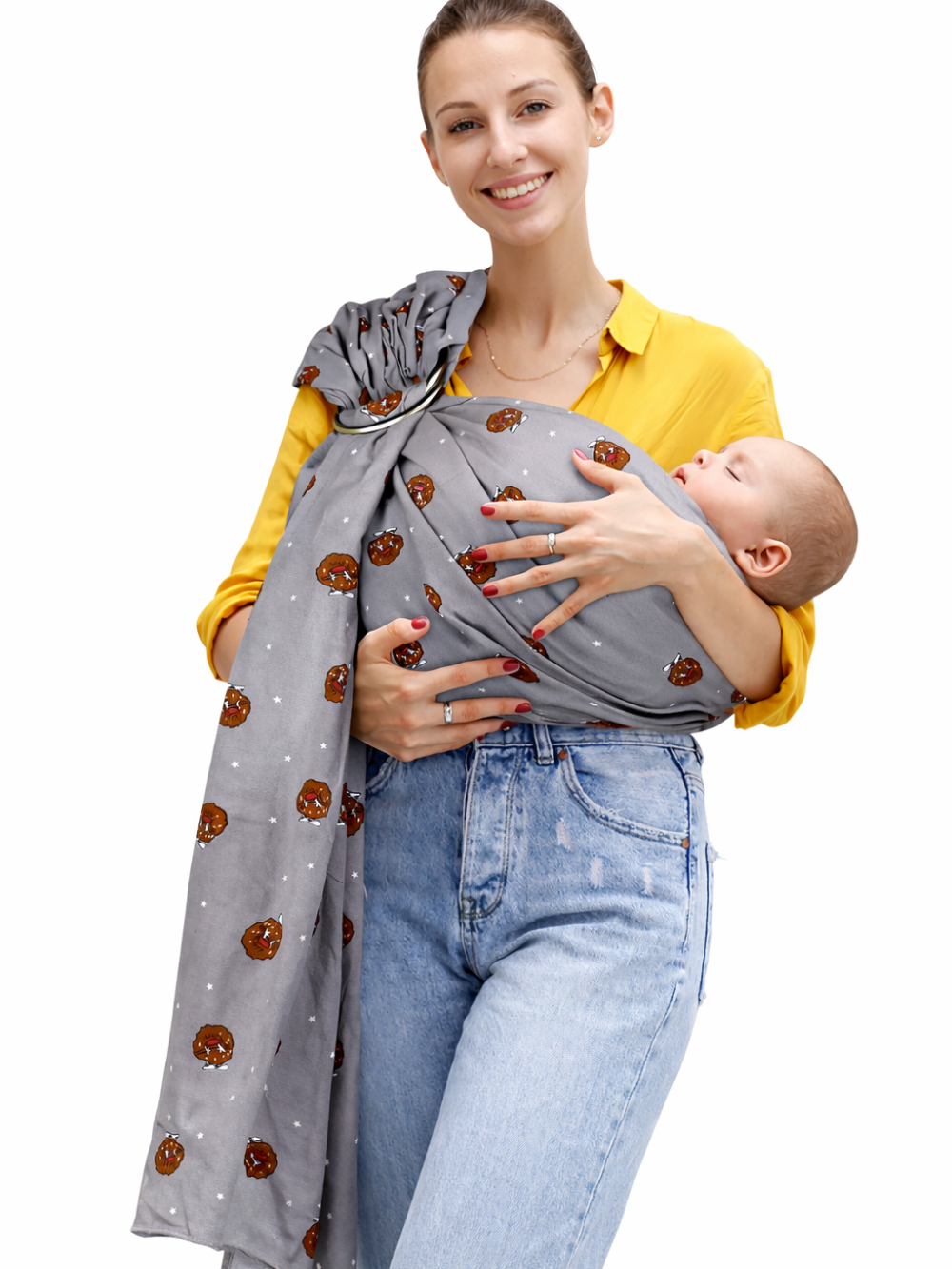 グレーカートゥーン柄の大判リングスリング 170×70cm 白背景（抱っこ紐・授乳カバー兼用）
