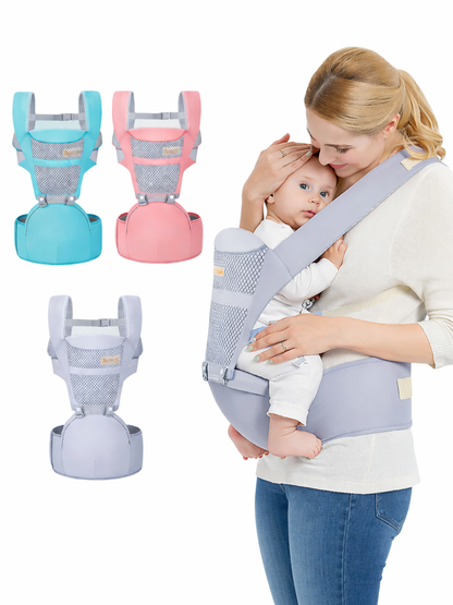 ブルー・ピンク・グレーのカラーバリエーションと着用イメージ（ヒップシートキャリア）
