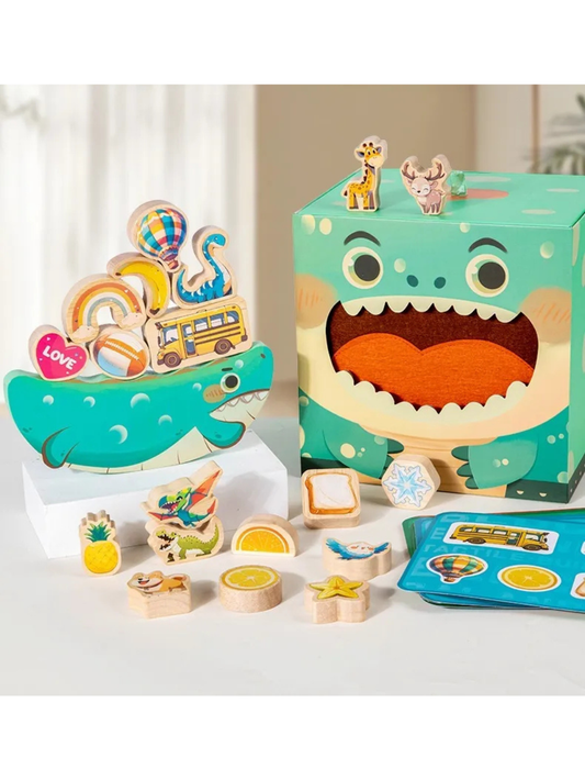 恐竜モチーフのタッチボックスと木製ピース、絵柄カードを並べた知育セットの全体イメージ
