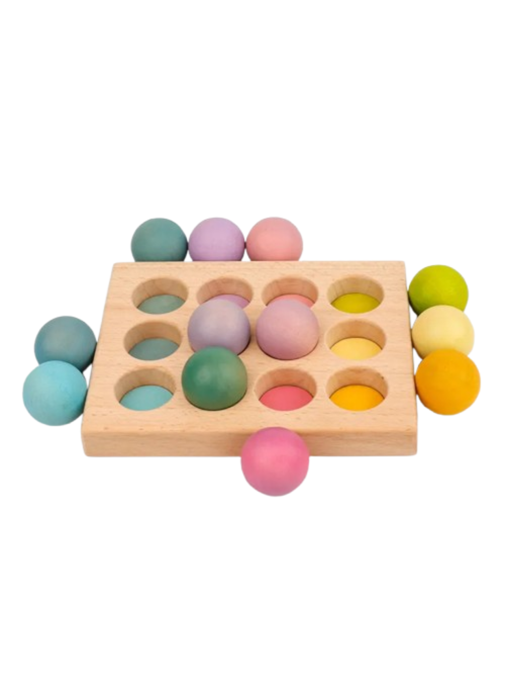 白背景でパステルカラーのボールをはめ、手前にピンクのボールを置いたソートボードのイメージ
