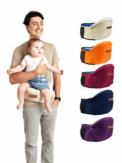 腰ベルト式ヒップシートの使用イメージとカラーバリエーション（抱っこ負担軽減）
