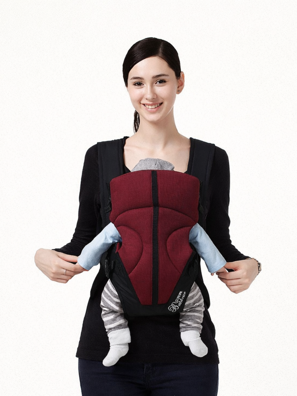 ソフト構造抱っこ紐 パープリッシュレッド 正面着用イメージ（ベビーキャリア）
