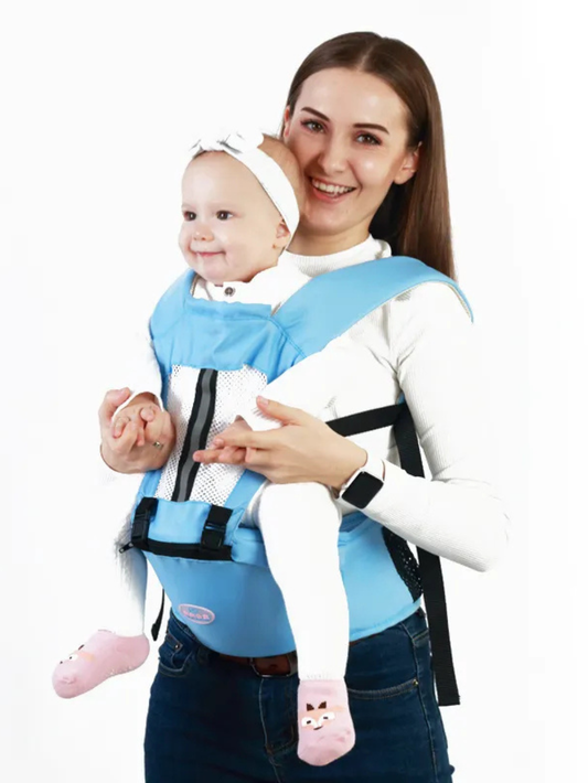 ヒップシート付き抱っこ紐 ライトブルー 前抱き着用イメージ｜通気メッシュとEPP座面で抱っこが軽やか（ベビーキャリア）
