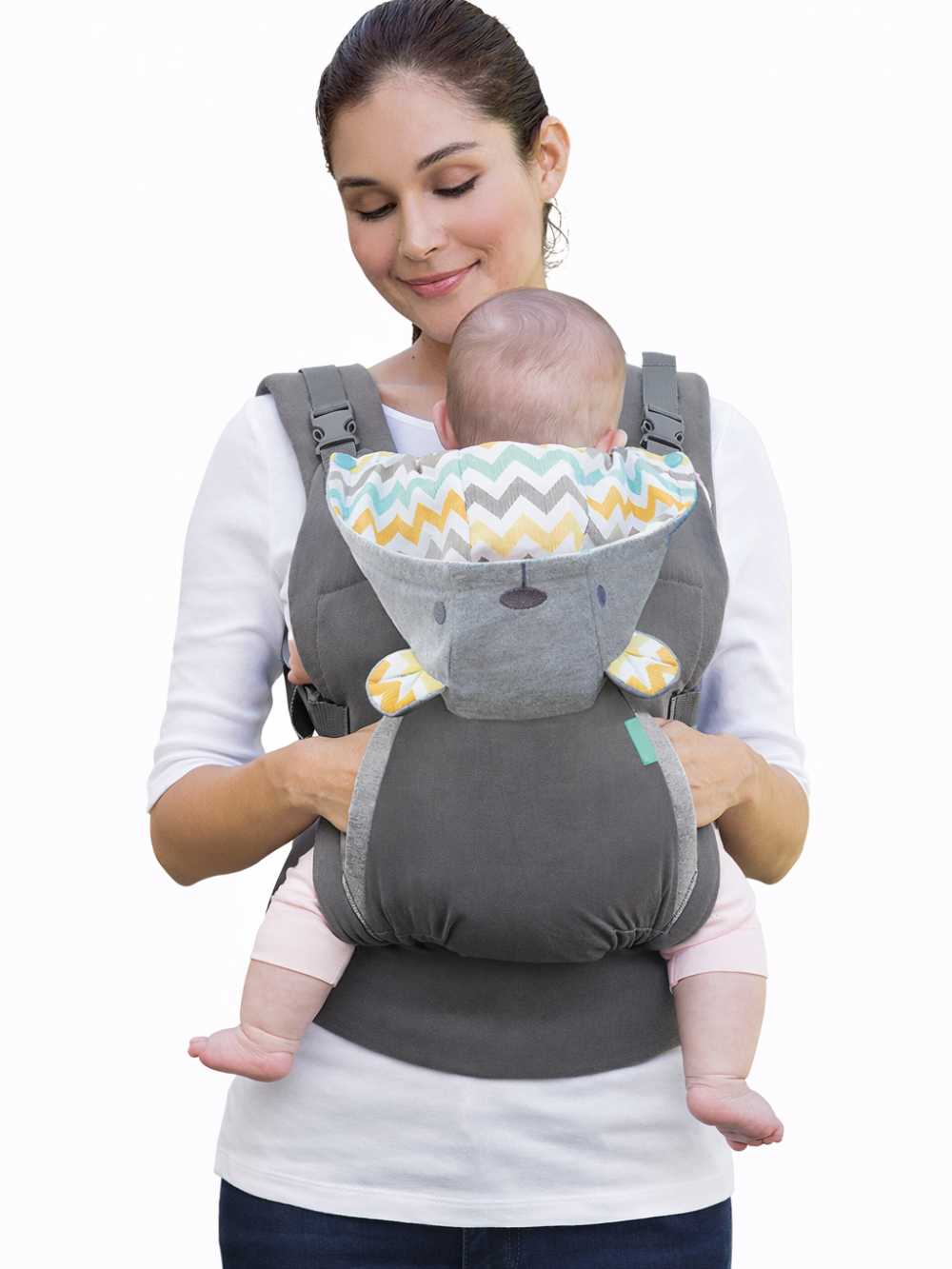 4WAY対応ダブルショルダー抱っこ紐 ダークグレー 前抱き着用の正面イメージ（抱っこ紐）
