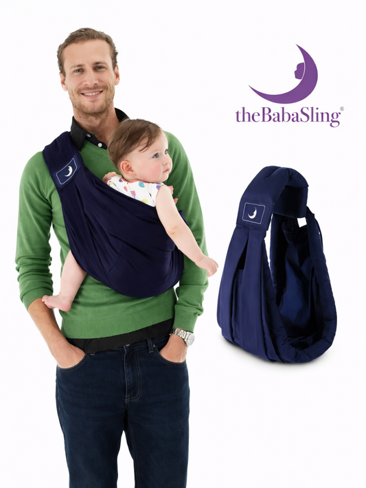 ポーチ型スリング ネイビー 男性の着用イメージと本体カット（抱っこ紐）
