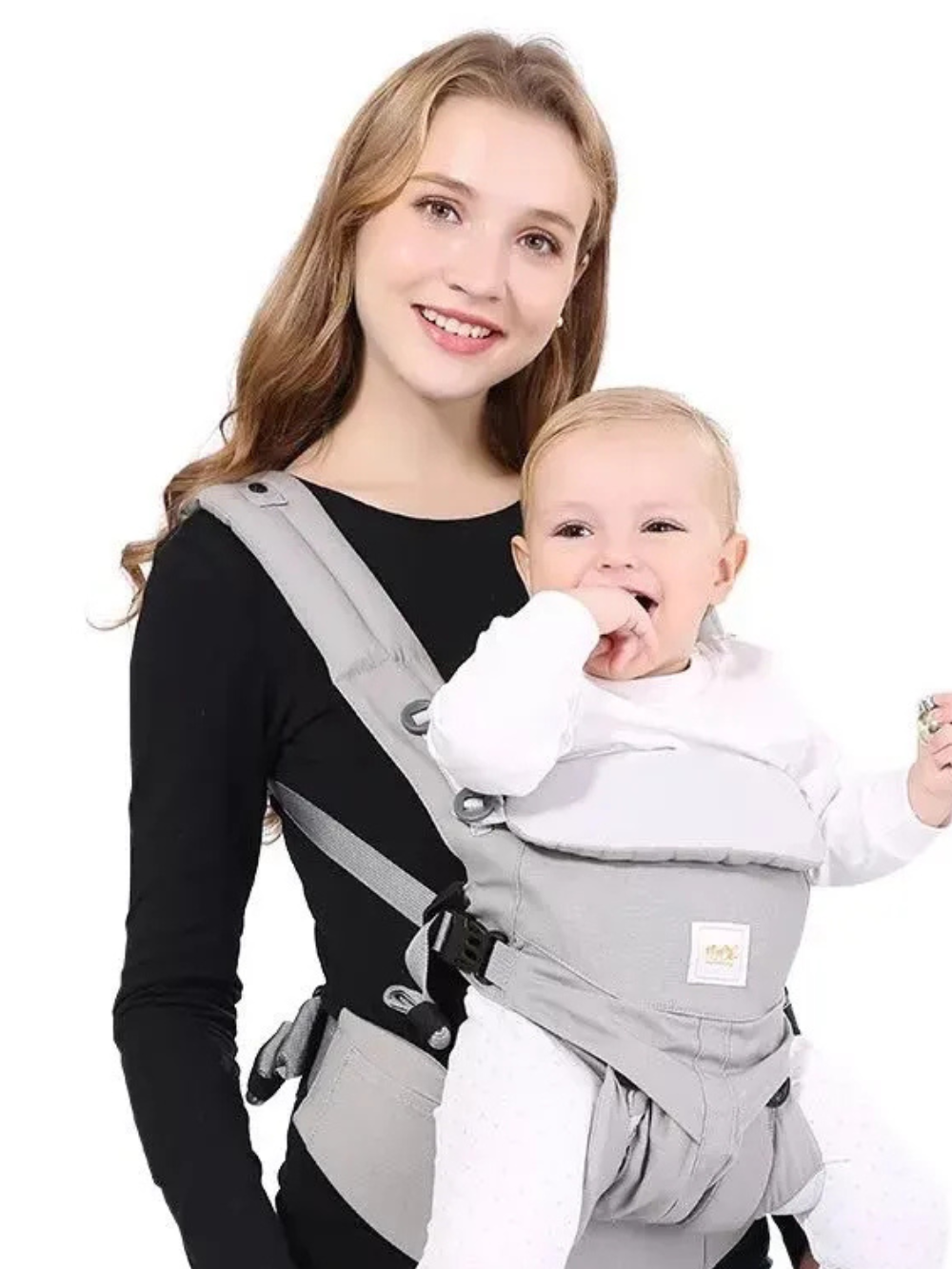 ダブルショルダー抱っこ紐 グレー 前抱き着用の正面イメージ（抱っこ紐）

