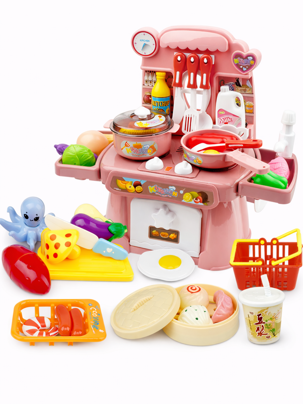 ピンクの収納付きコンロ台と小物一式の全体イメージ
